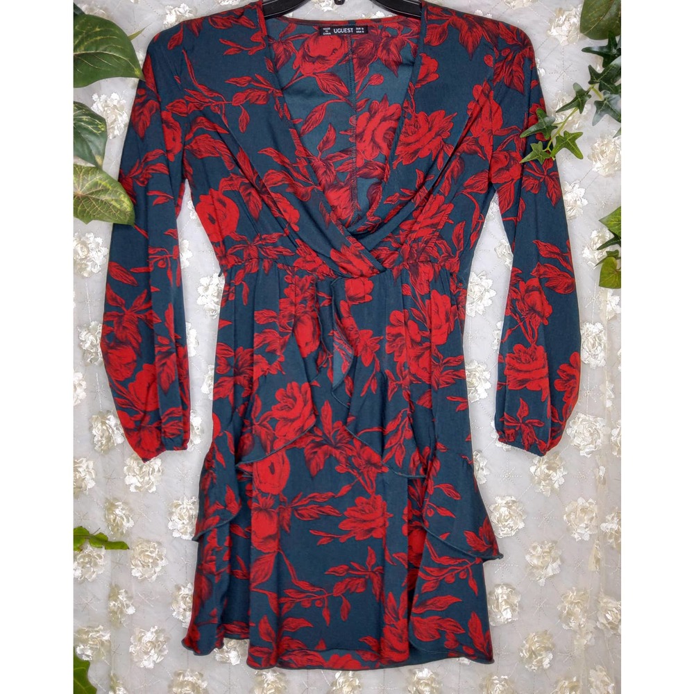 UGuest | Women's Dress Long Sleeve Floral Red Black Ruffles V Neck Size Small